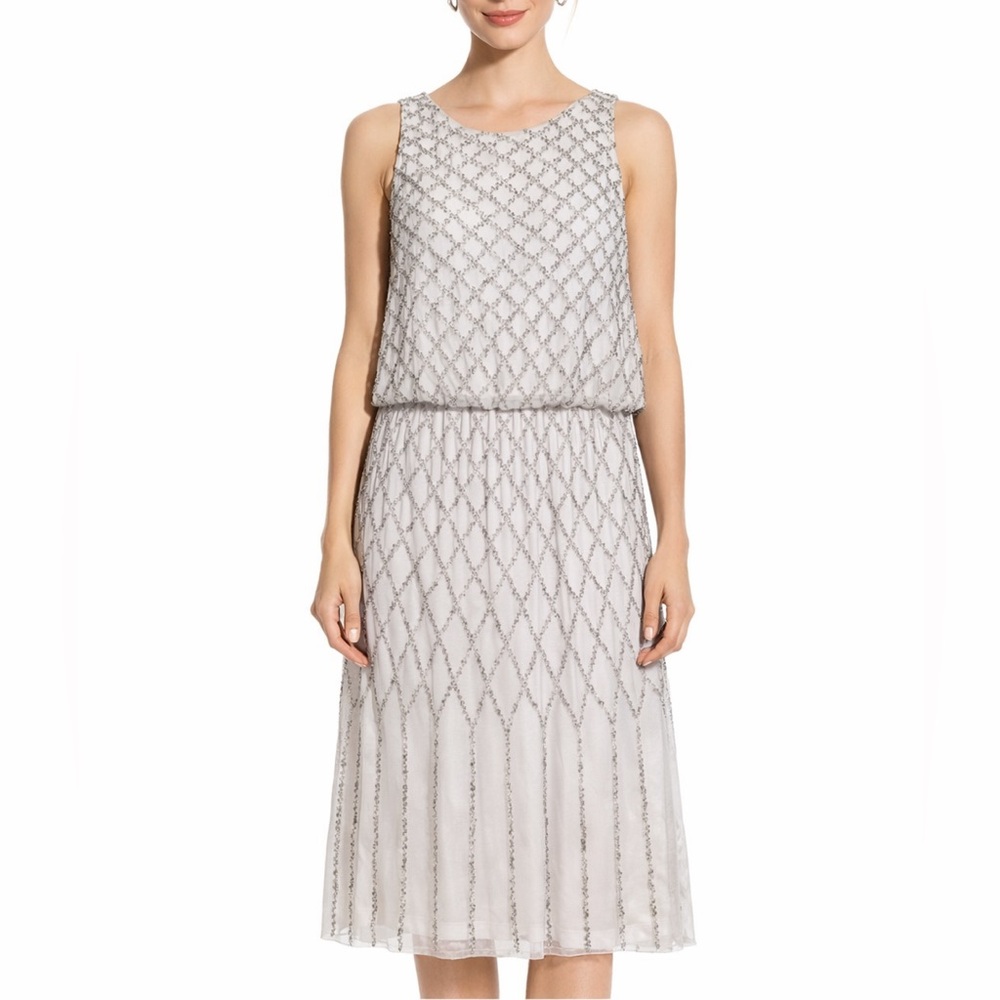 Adrianna Papell Silver Beaded Sleeveless Open Back Cocktail Dress NWT Size 8
